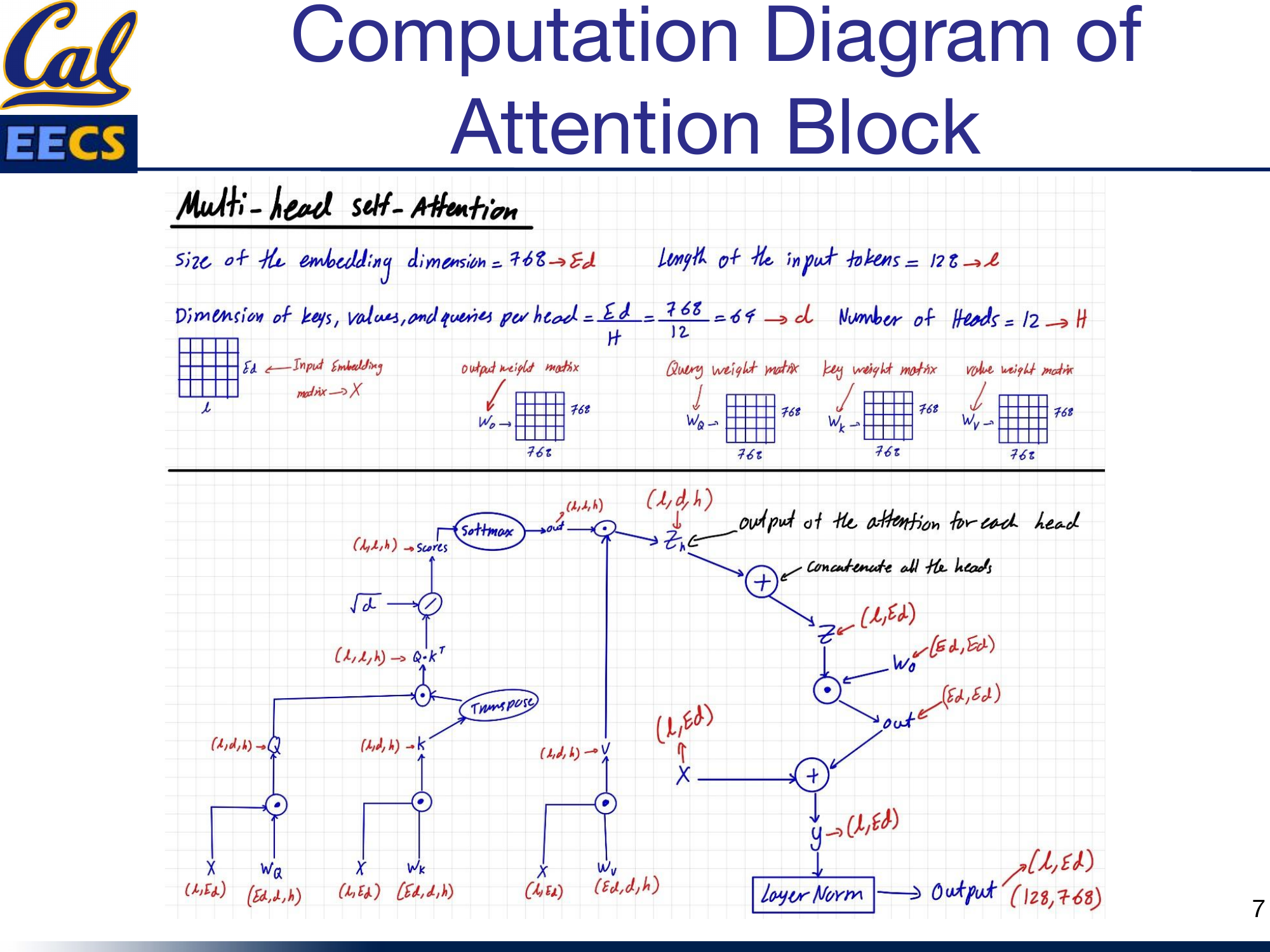 Multi-head Self-Attention computation flow showing X(L, Ed) through Wq, Wk, Wv projections, scaled dot-product attention, concatenation, and output projection with residual connection and layer norm