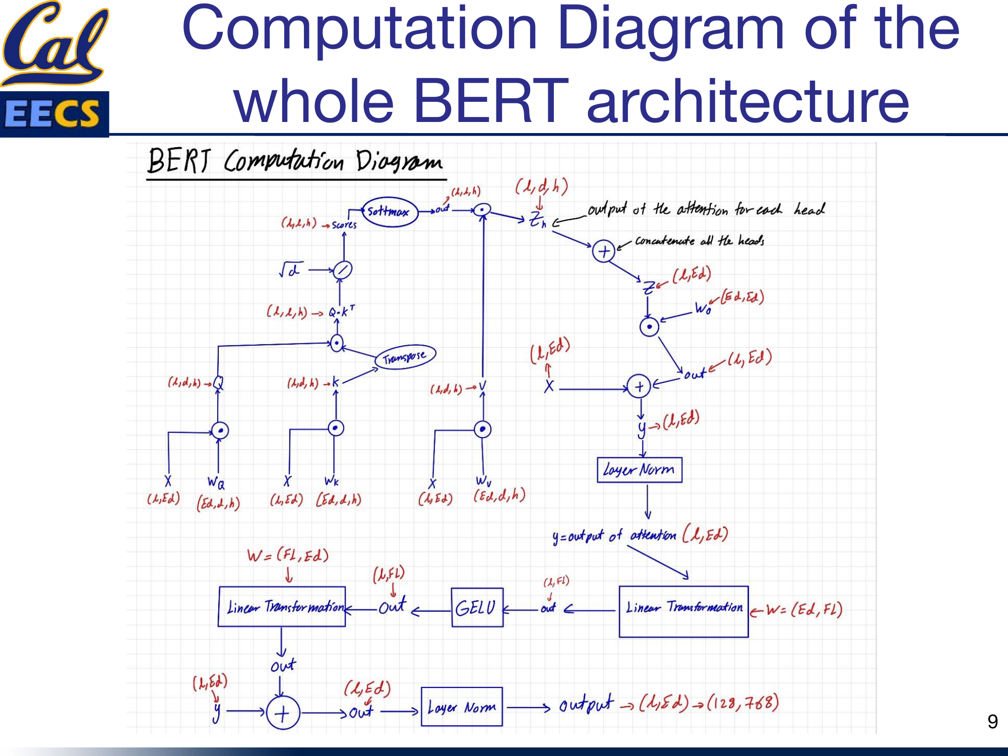 Complete BERT architecture computation flow from X(L, Ed) through attention, residual, layer norm, FFN, residual, layer norm to output (128, 768)
