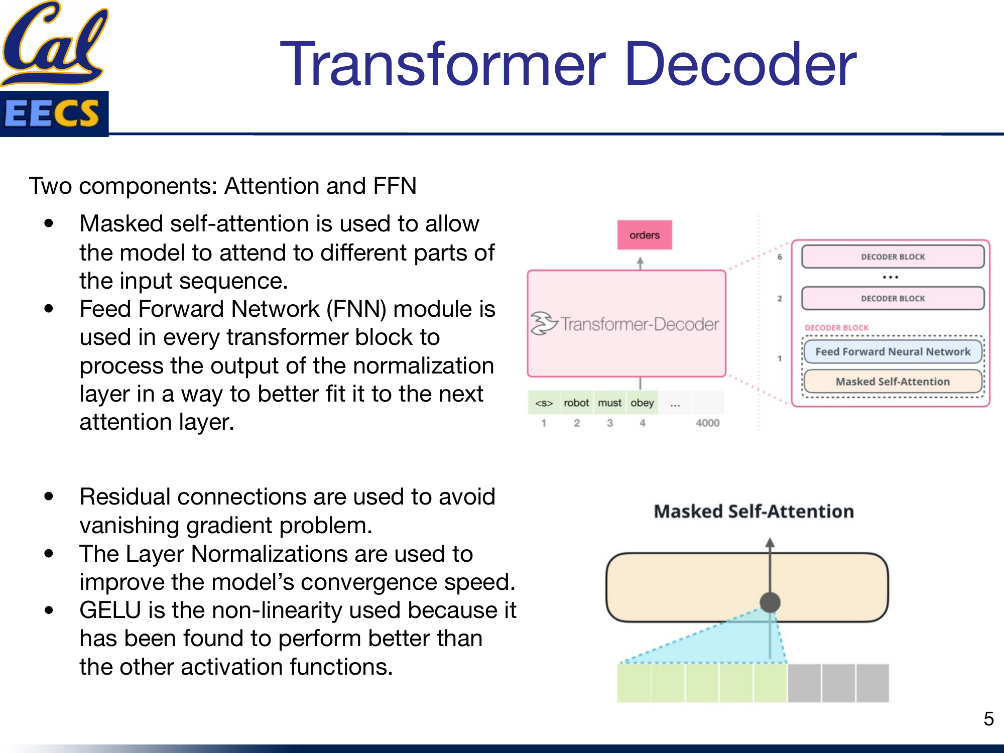 Transformer decoder stack and masked self-attention visualization with tokens <s> robot must obey ...
