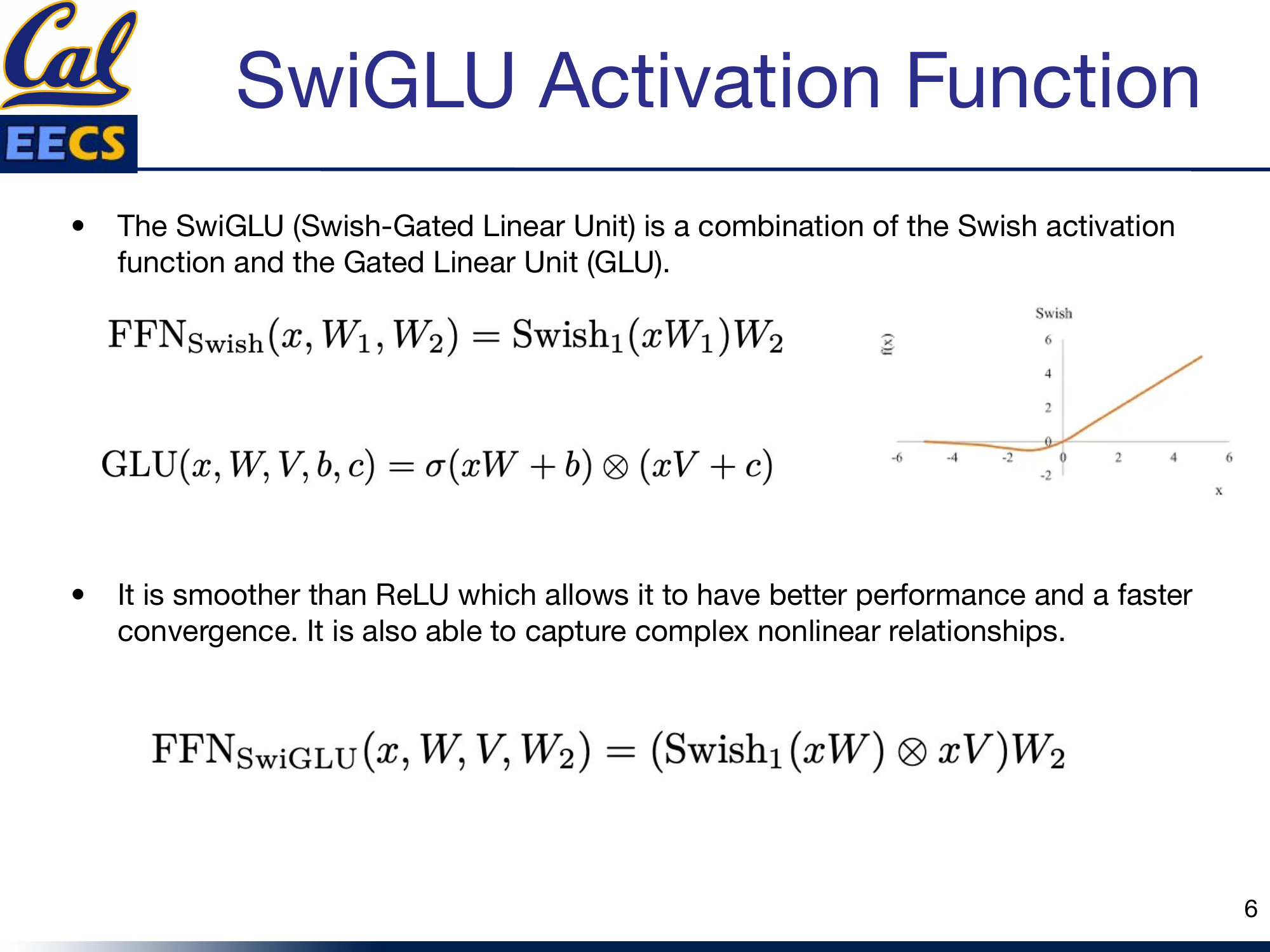 SwiGLU activation function formulation and comparison to ReLU