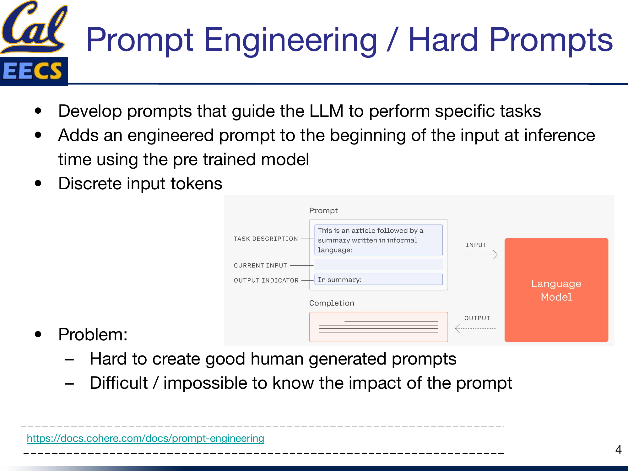 Diagram: Prompt structure showing Task Description + Current Input + Output Indicator --> Language Model --> Completion