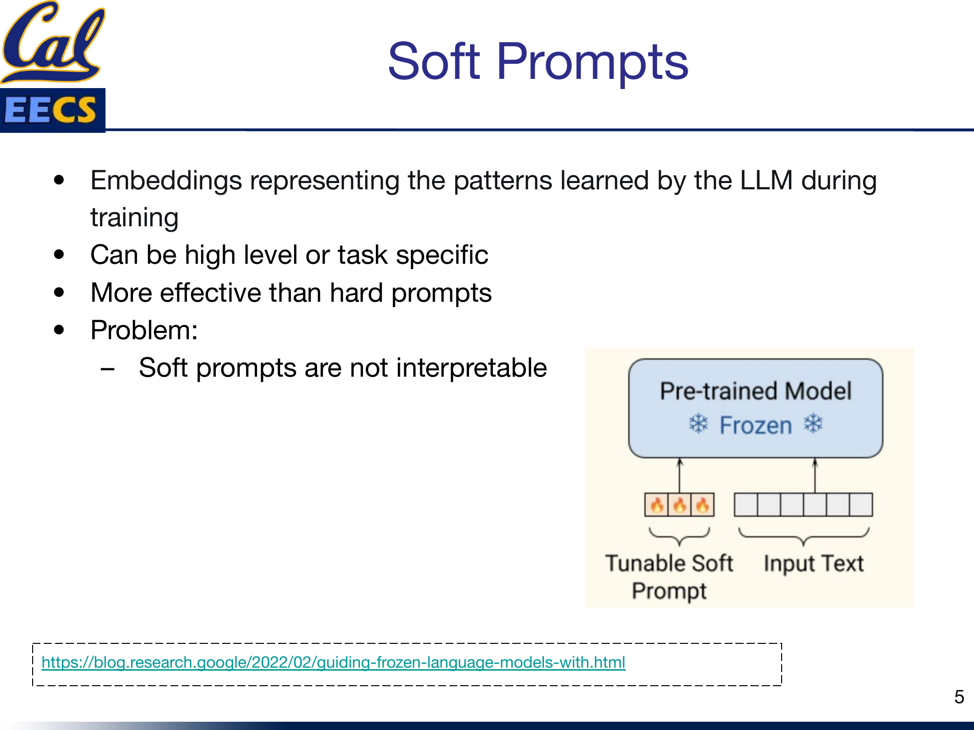 Diagram: Pre-trained Model (Frozen) with Tunable Soft Prompt prepended to the Input Text