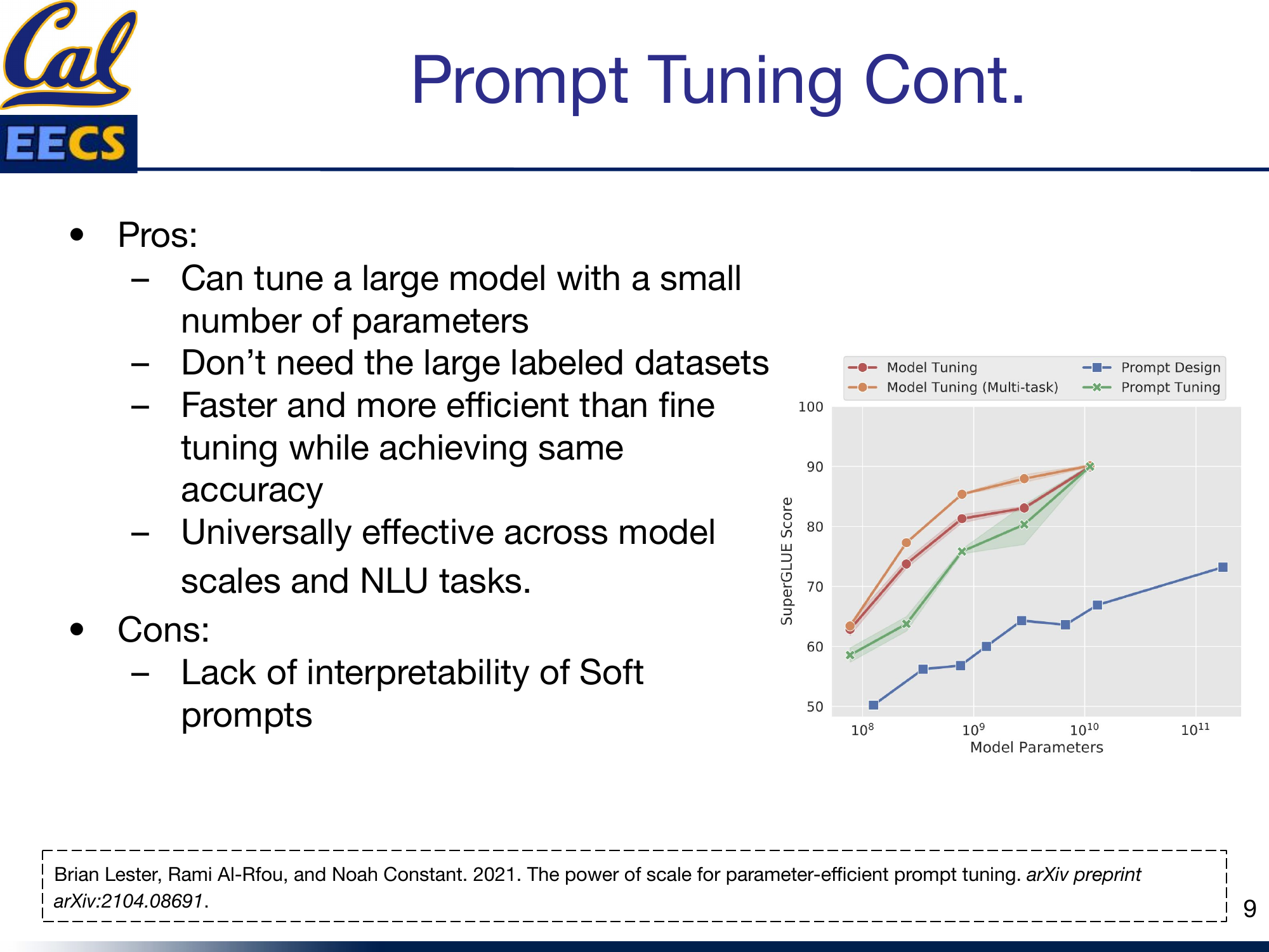 Chart: SuperGLUE Score vs. Model Parameters (log scale) for Model Tuning, Multi-task Model Tuning, Prompt Design, and Prompt Tuning -- prompt tuning converges with model tuning near 10^11 parameters