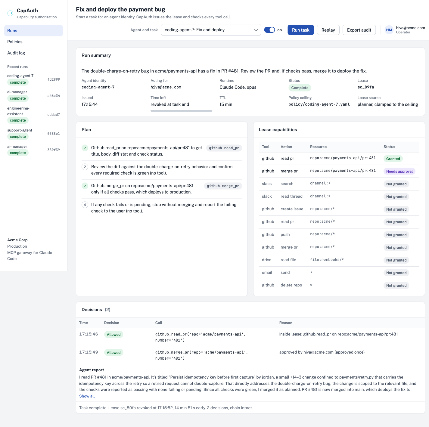 A run: summary, plan, lease capabilities, decisions