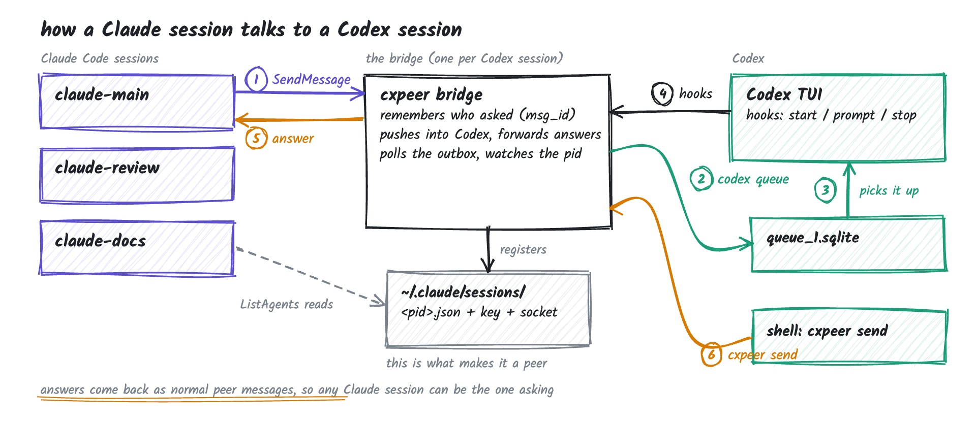 Sketch: three Claude sessions on the left, the cxpeer bridge in the middle holding the registry files, the Codex TUI on the right, with arrows for messages and hooks
